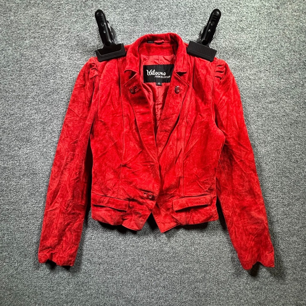 VTG Wilsons Cropped Blazer Womens 10 Red Suede Leather Puff Sleeve Single Button